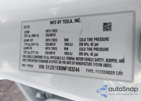 2022 Tesla Model 3 Long Range Dual Motor All-Wheel Drive z USA, uszkodzony, nr VIN 5YJ3E1EB9NF183244